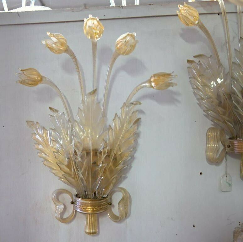 Lighting Seguso Pair Of Sconces, Murano Glass With Gold Leaf, Tulips, Leaves And Bow Deco photo