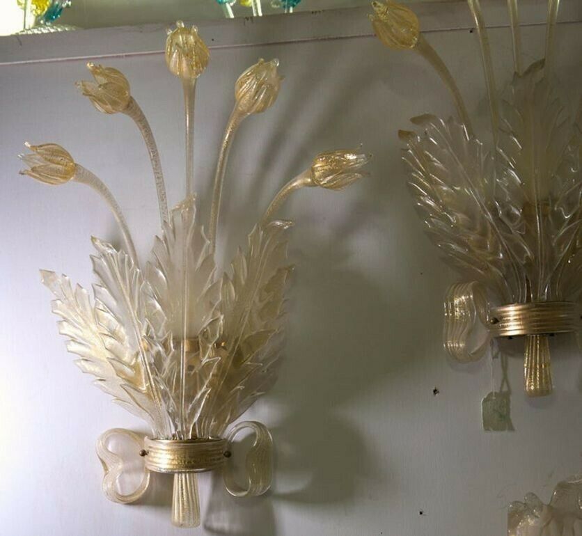 6400.0 Seguso Pair Of Sconces, Murano Glass With Gold Leaf, Tulips, Leaves And Bow Deco photo