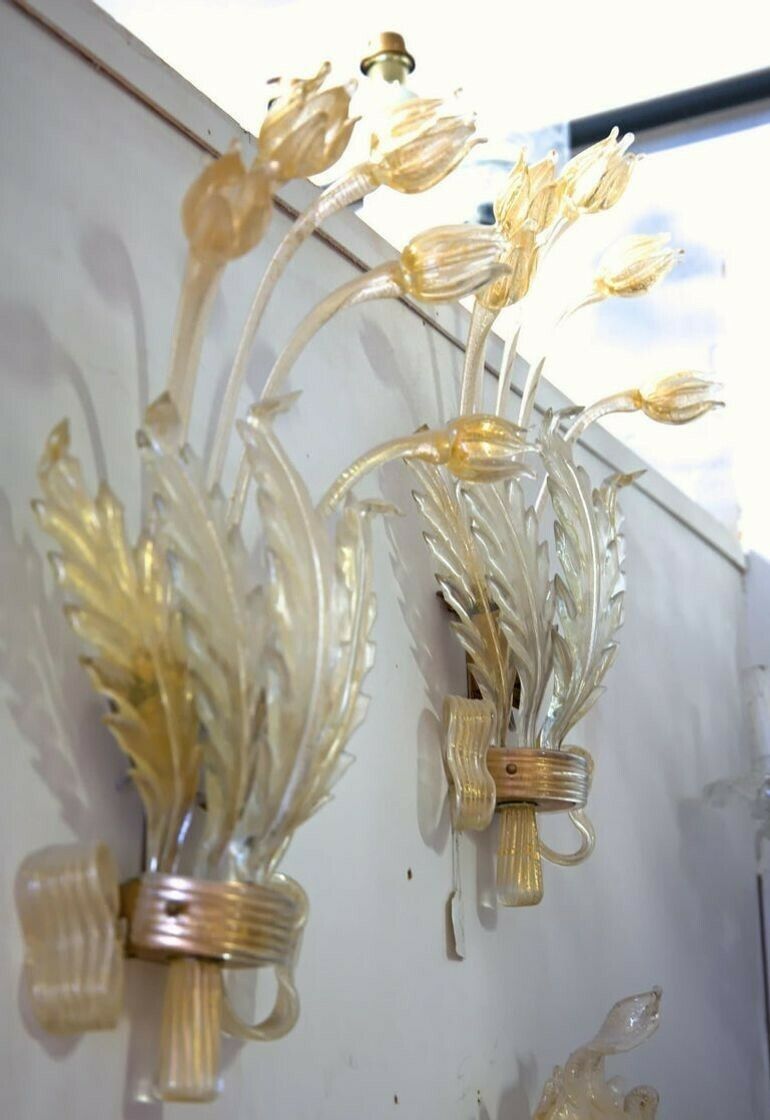 photo vinterior Seguso Pair Of Sconces, Murano Glass With Gold Leaf, Tulips, Leaves And Bow Deco