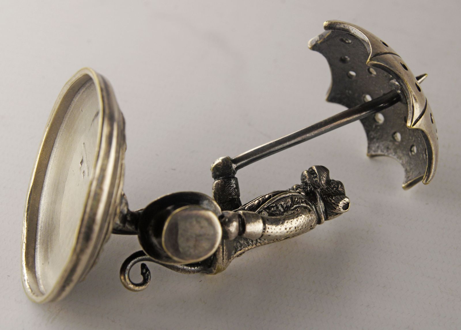 Silvered Bronze Toothpick Holder Of Dressed Monkey With Umbrella And Top Hat photo vinterior