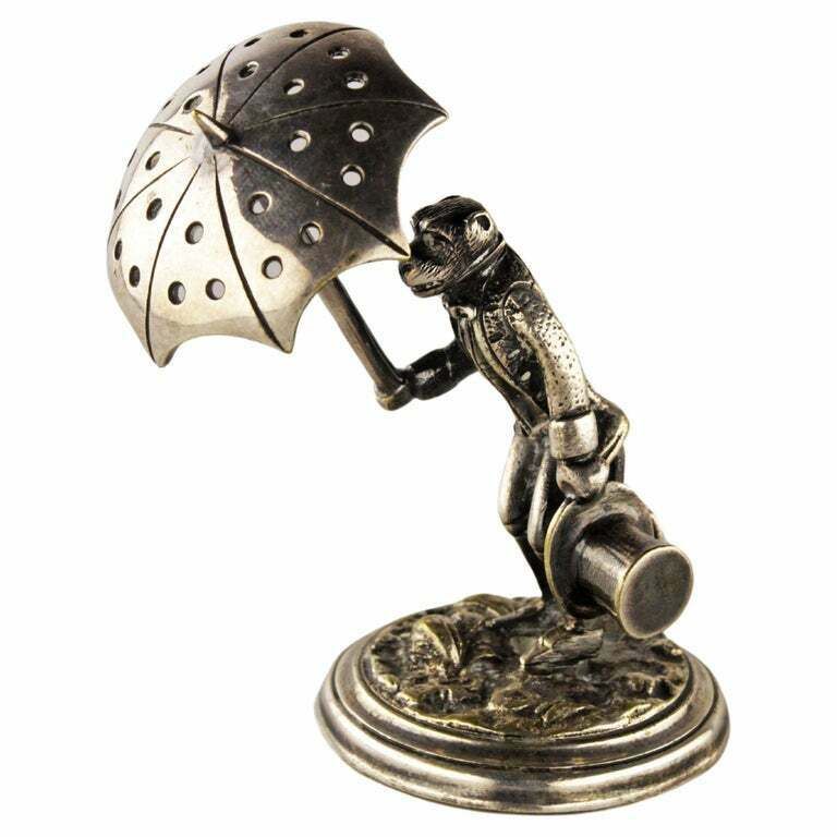 Silvered Bronze Toothpick Holder Of Dressed Monkey With Umbrella And Top Hat