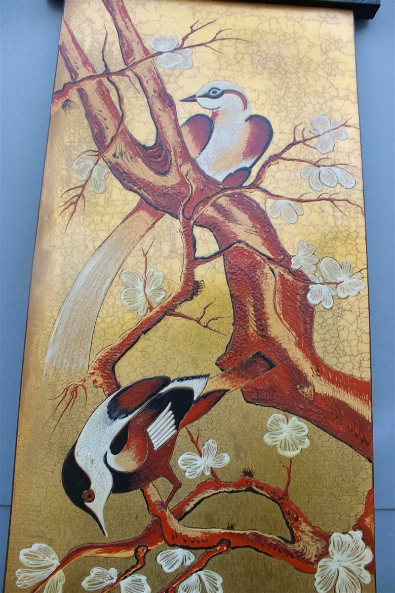 Asian Decorative Panel Birds Almond Blossom Enamel On Metal Italy photo 2295.0