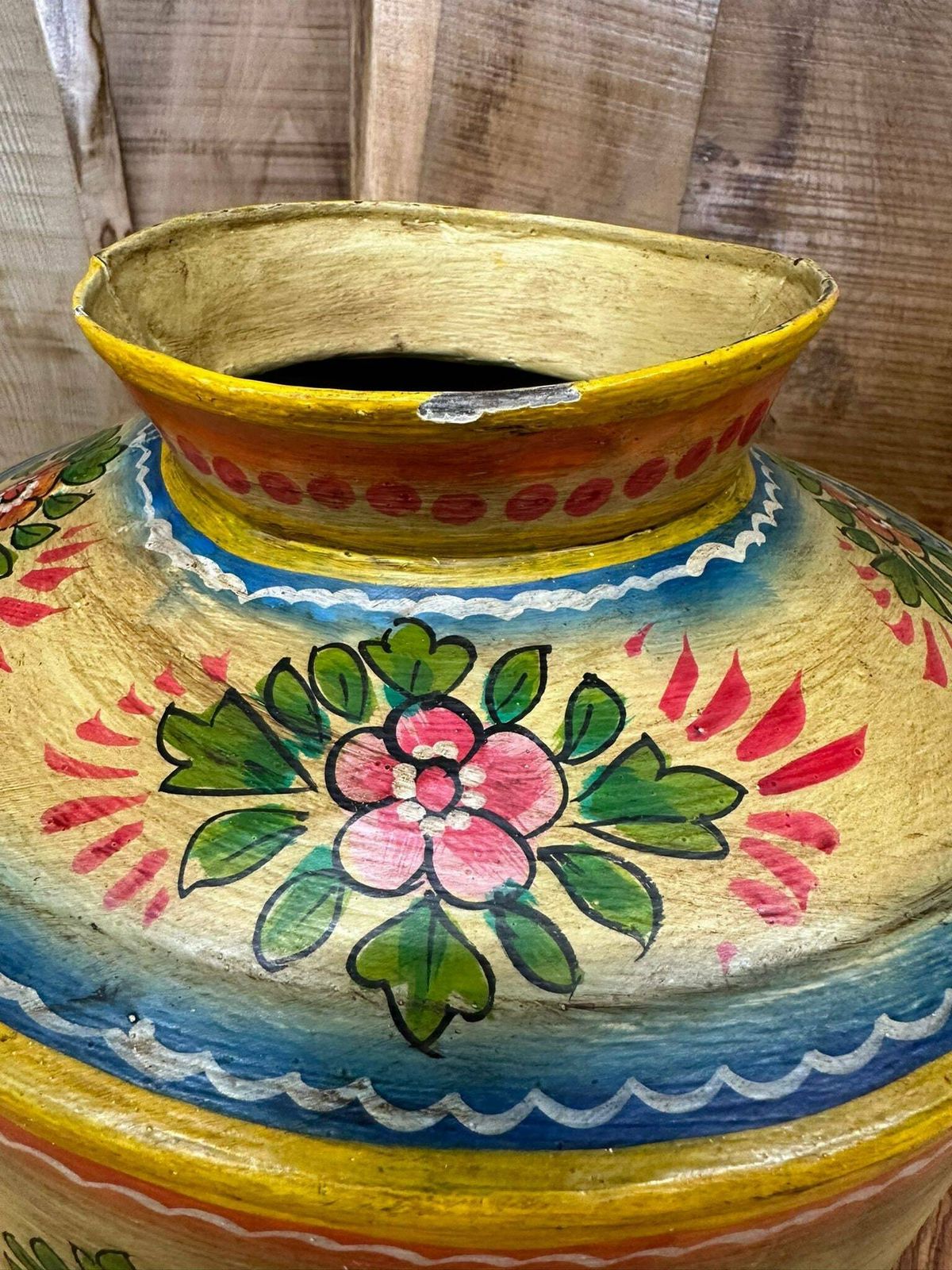 Vintage Painted Indian Water Pot / Riveted Handmade Metal Pot / Metal Vase A photo furniture