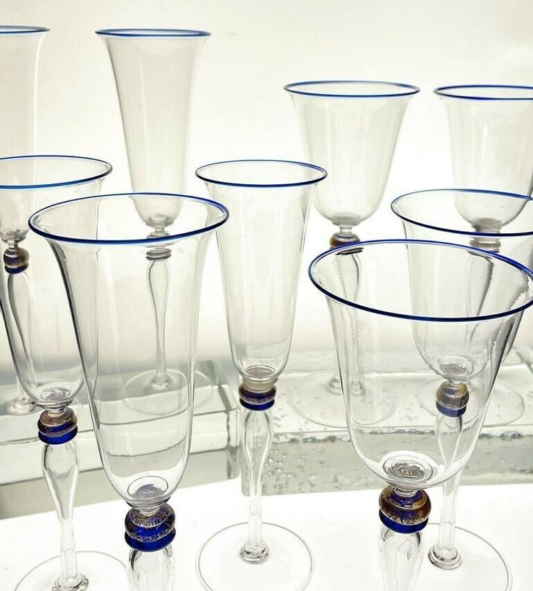 Set 6 Flutes And 6 Stem Glass Cenedese Murano Cobalt And Gold Accents, 80s photo Home Decor
