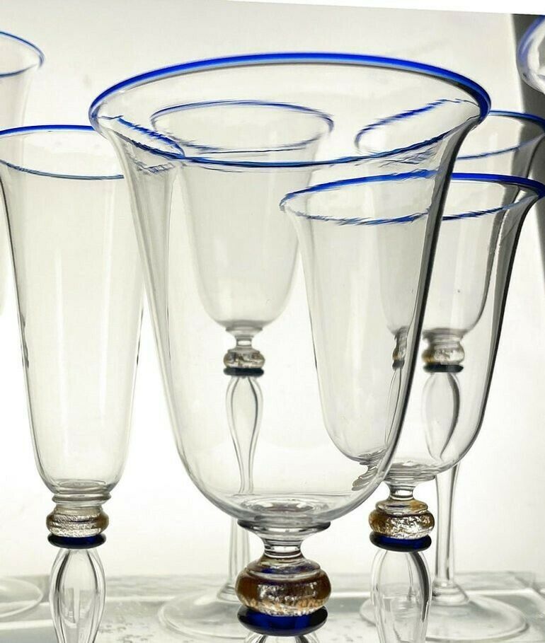 Set 6 Flutes And 6 Stem Glass Cenedese Murano Cobalt And Gold Accents, 80s photo vinterior