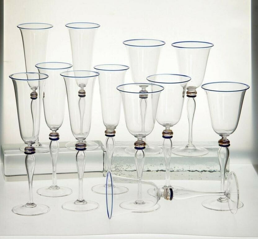 photo for sale Set 6 Flutes And 6 Stem Glass Cenedese Murano Cobalt And Gold Accents, 80s