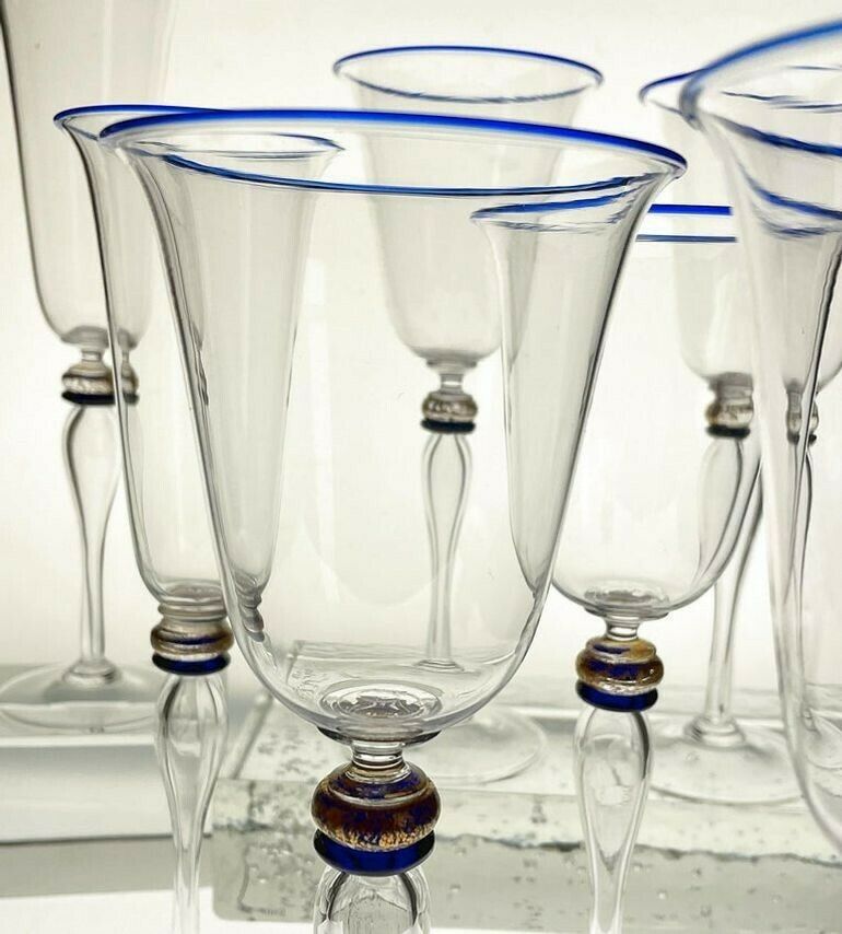 Home Decor Set 6 Flutes And 6 Stem Glass Cenedese Murano Cobalt And Gold Accents, 80s photo