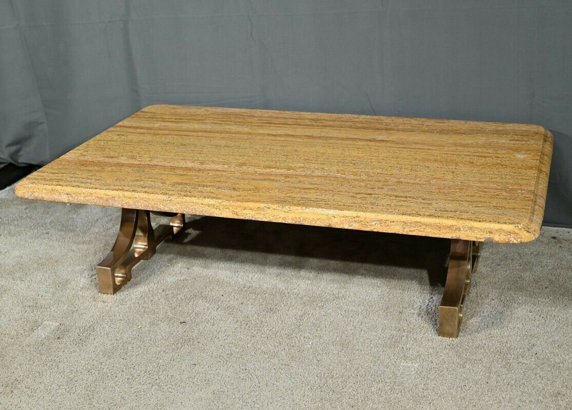 Brass And Travertine Coffee Table, Art Deco Period – 1930 photo for sale