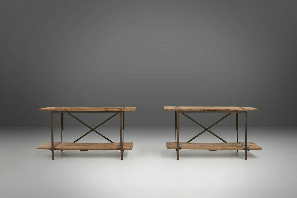 photo buy Industrial Side Table With Metal Frame And Wooden Top And Removable Platform, Belgium, 1920s