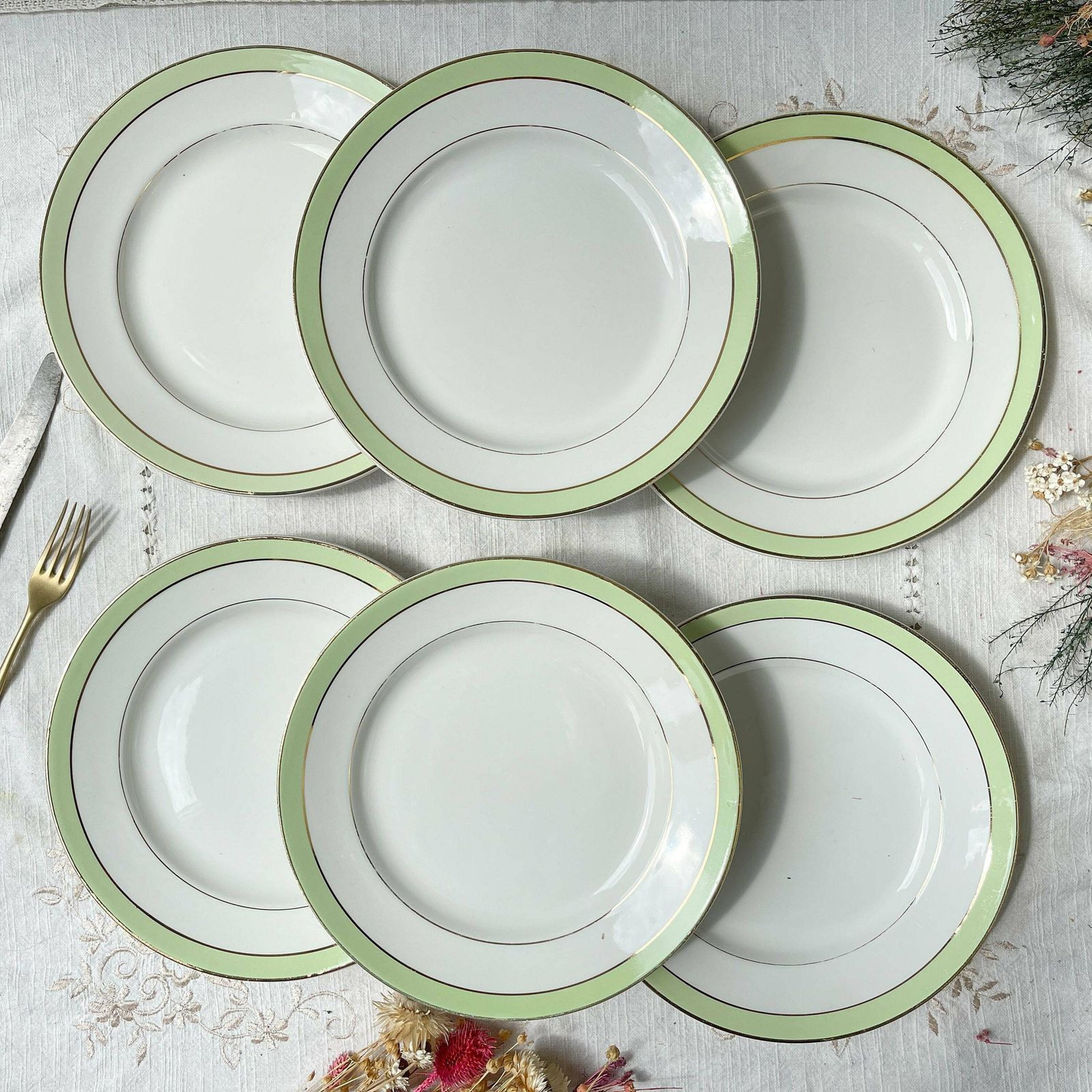 6 Vintage French Flat Plates Orchies "Villars" 1950 White Green Gold   French Flat Plates   Vintage French Tableware