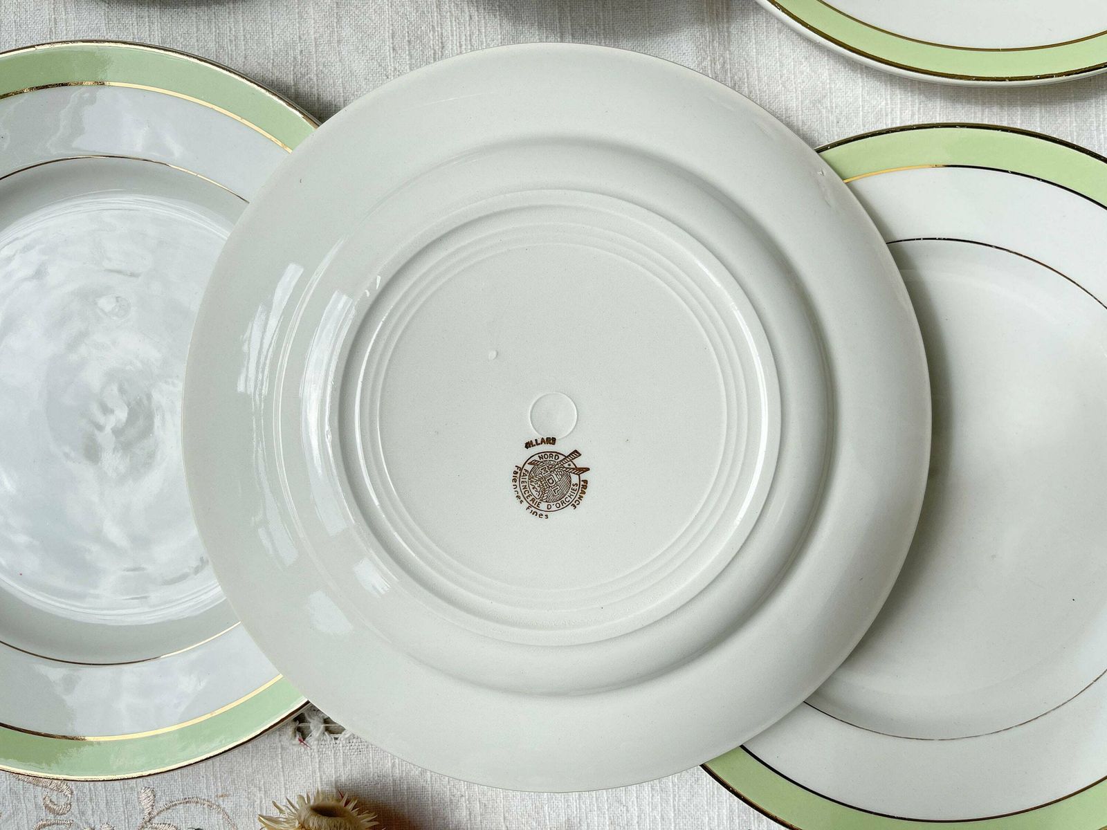 6 Vintage French Flat Plates Orchies "Villars" 1950 White Green Gold   French Flat Plates   Vintage French Tableware photo Home Decor