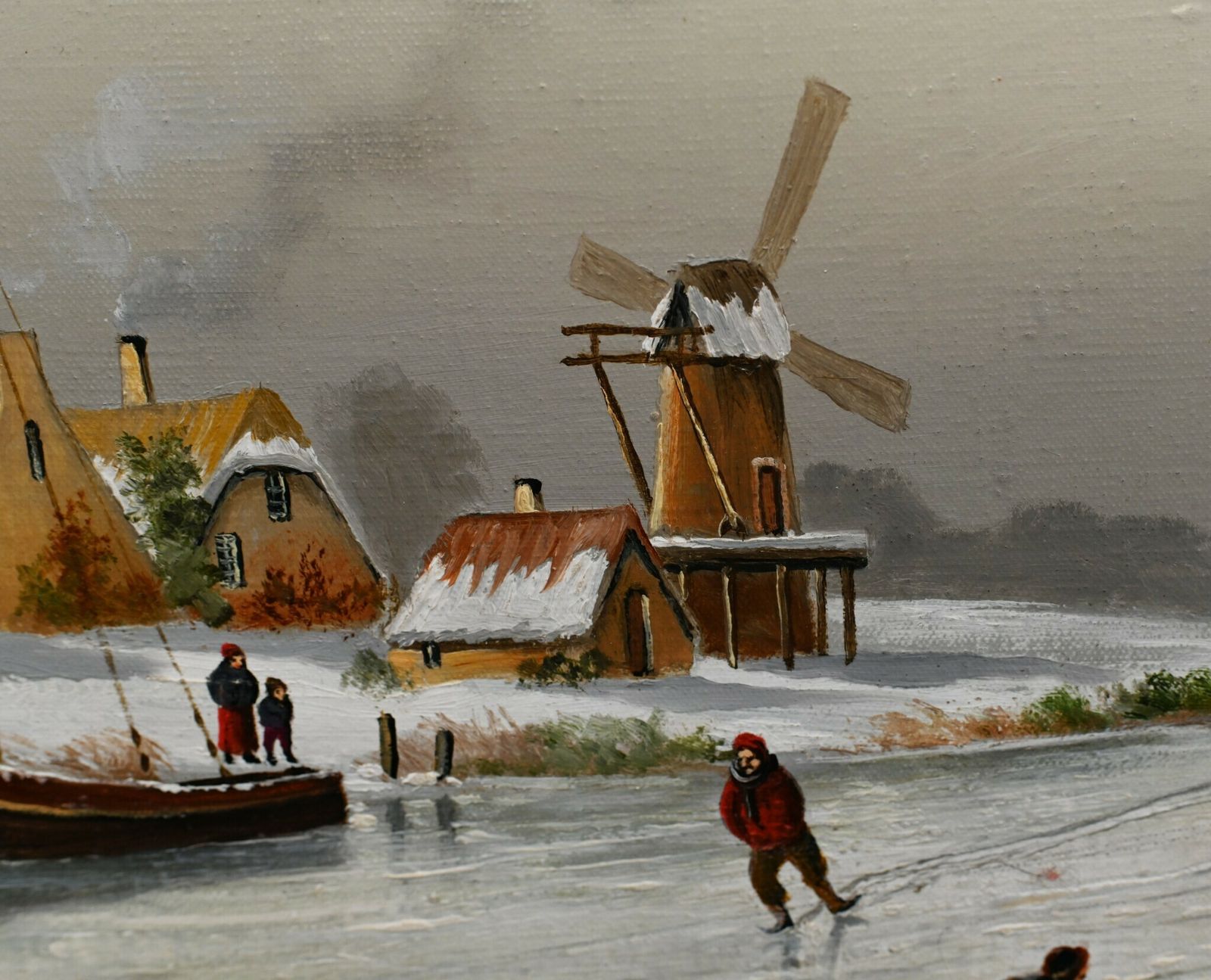 Flemish Oil Painting Winter Snow Landscape Gilt photo vinterior