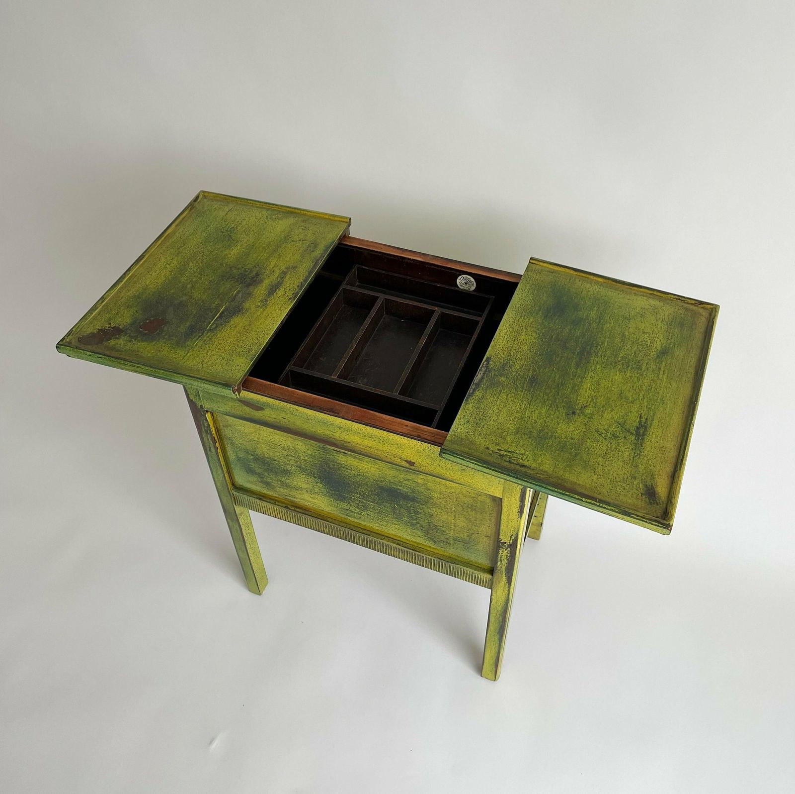 Reworked Antique Sewing Box Side Table With Vibrant Lacquered Finish And Gold Hardware photo vintage