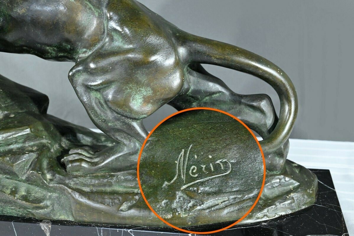 photo vinterior Bronze “Roaring Lion” Signed Nerin – Early 20th Century