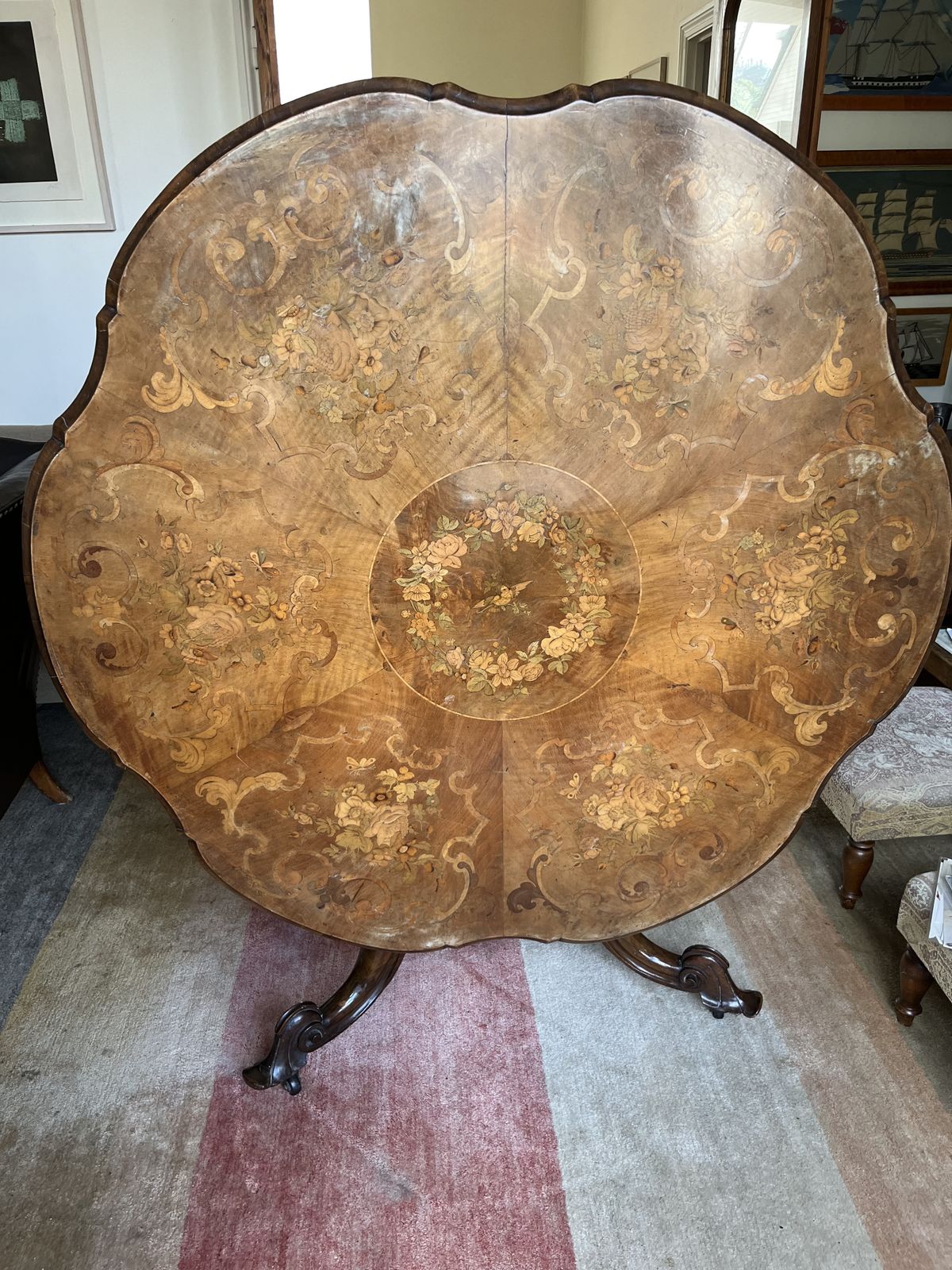 19th Century Victorian Dining Table   Marquetry Throughout, Incredible Detail photo vintage