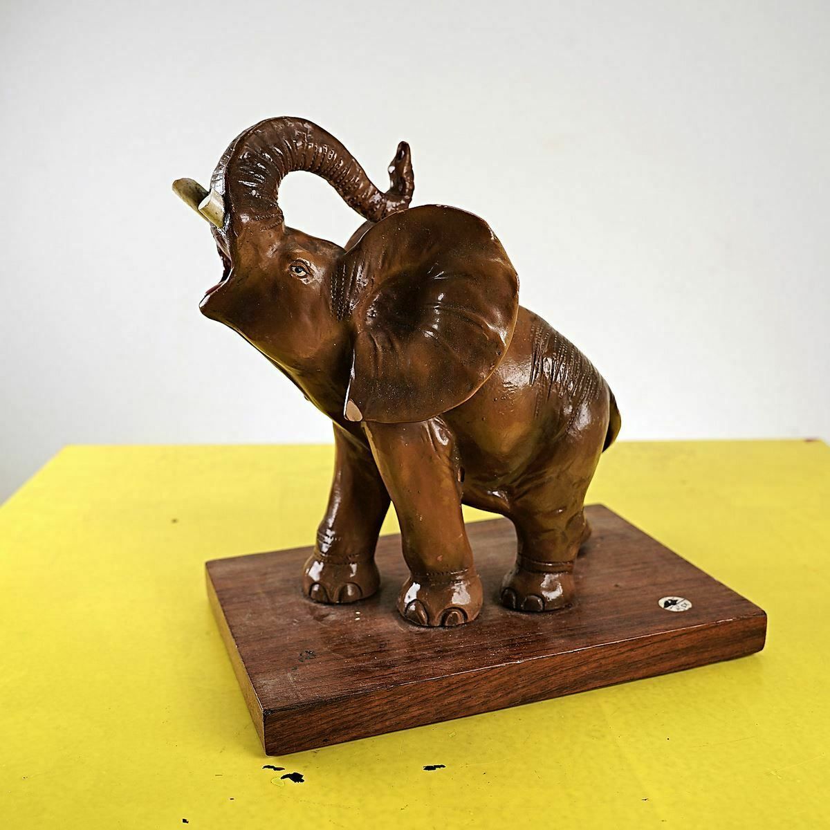 Glazed Terracotta Elephant With Vintage Wooden Base