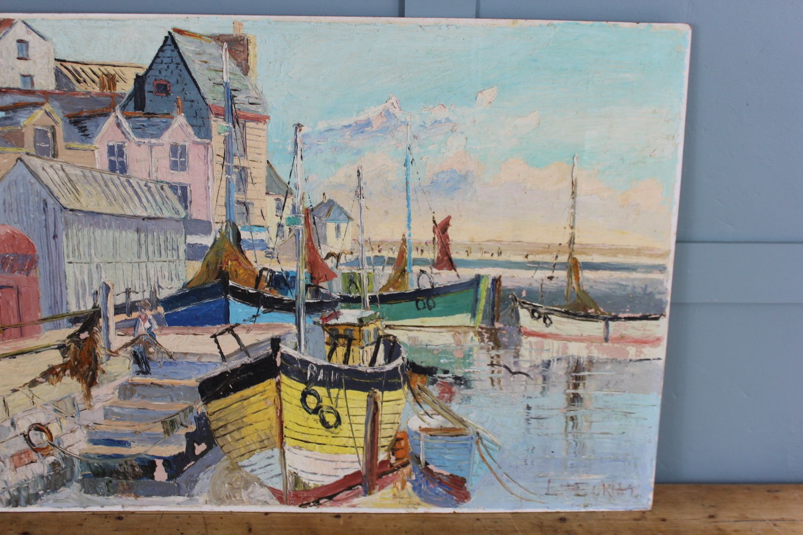 “Original 1950s French Riviera Oil Painting – Midcentury Coastal Scene photo Art