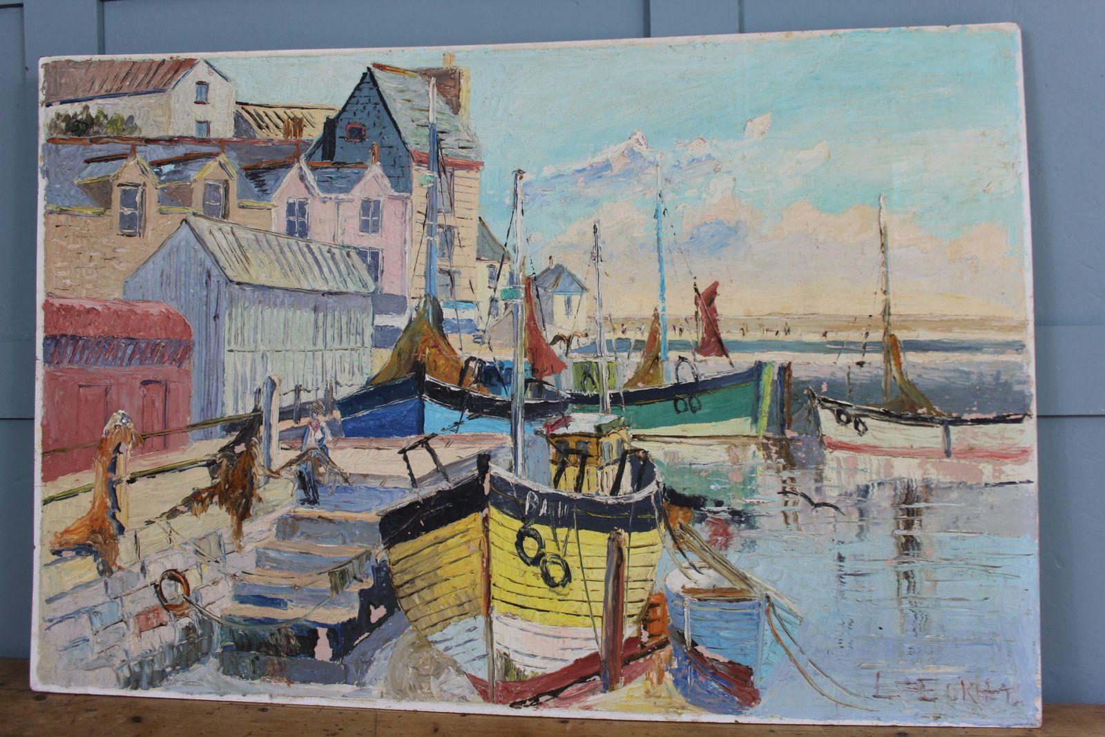 “Original 1950s French Riviera Oil Painting – Midcentury Coastal Scene photo vintage