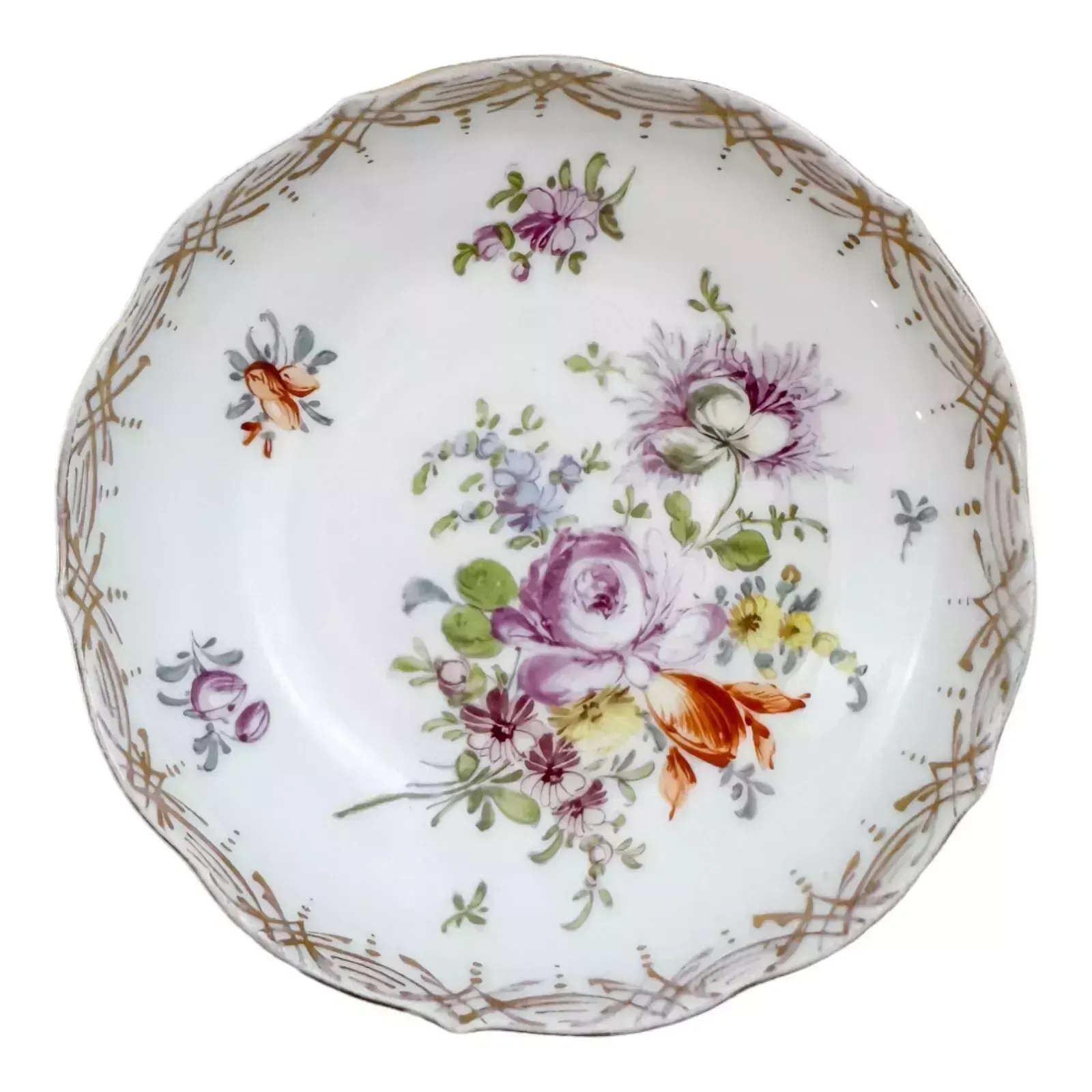 Antique 19th Century Meissen Porcelain Pair Small Floral Bowls, Gilt Scallop Rim photo for sale