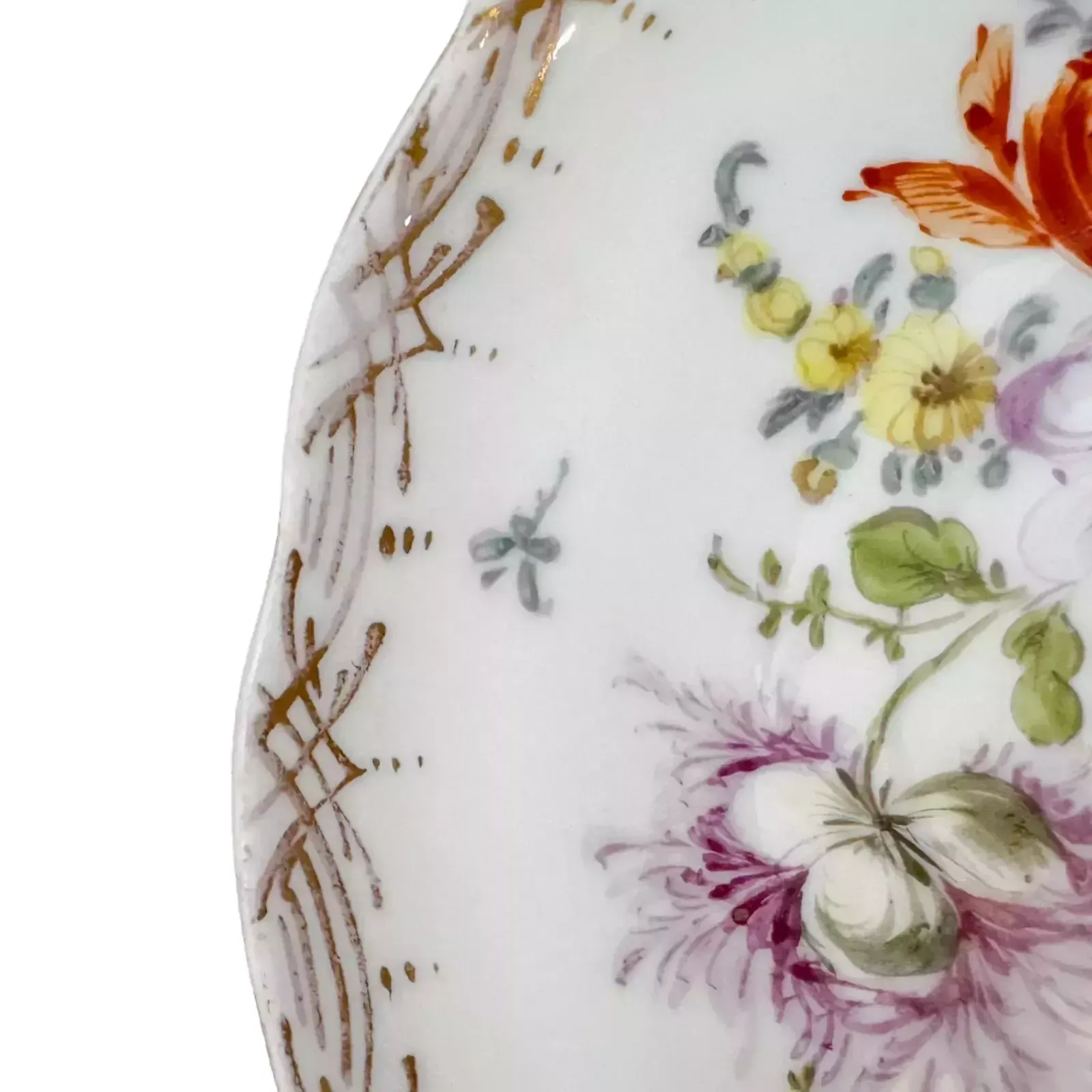 160.0 Antique 19th Century Meissen Porcelain Pair Small Floral Bowls, Gilt Scallop Rim photo
