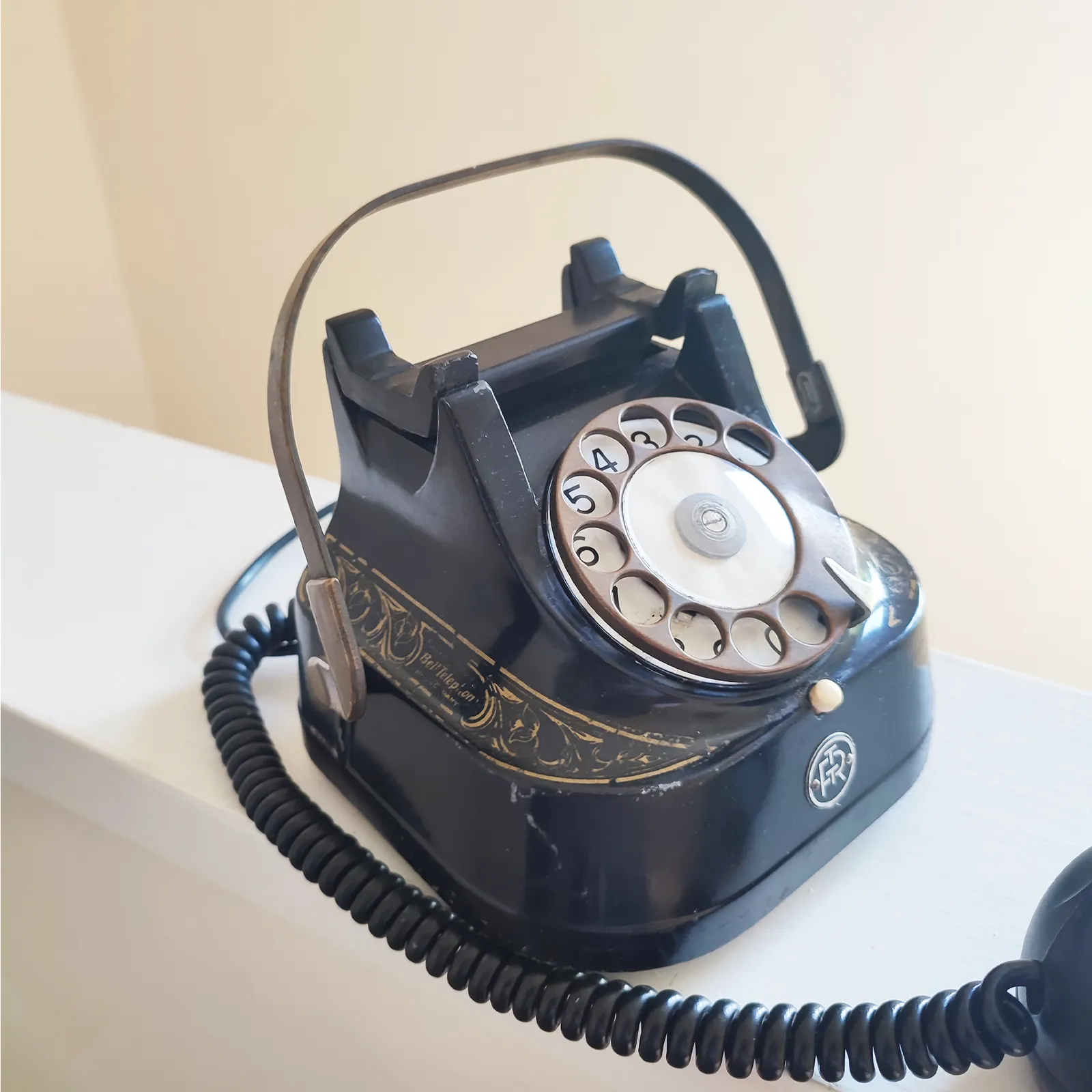 30's Vintage Belgian Bakelite Bell Telephone   White Star   Antwerp Belgium   Rotary Dial W/ Brass Carry Handle   Rtt 56 B   Film Movie Prop photo for sale