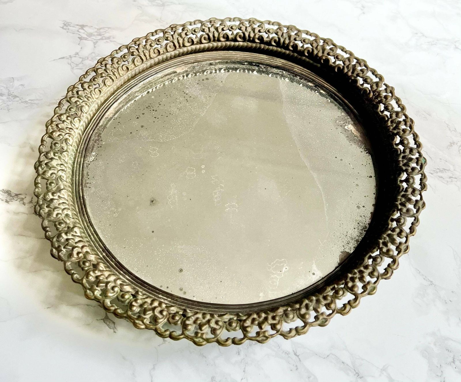 Round Antique Mirror Table Center Piece French Embossed Bronze Lace Tray Circular Footed Mercury Patina Platter Chateau Ormolu photo furniture