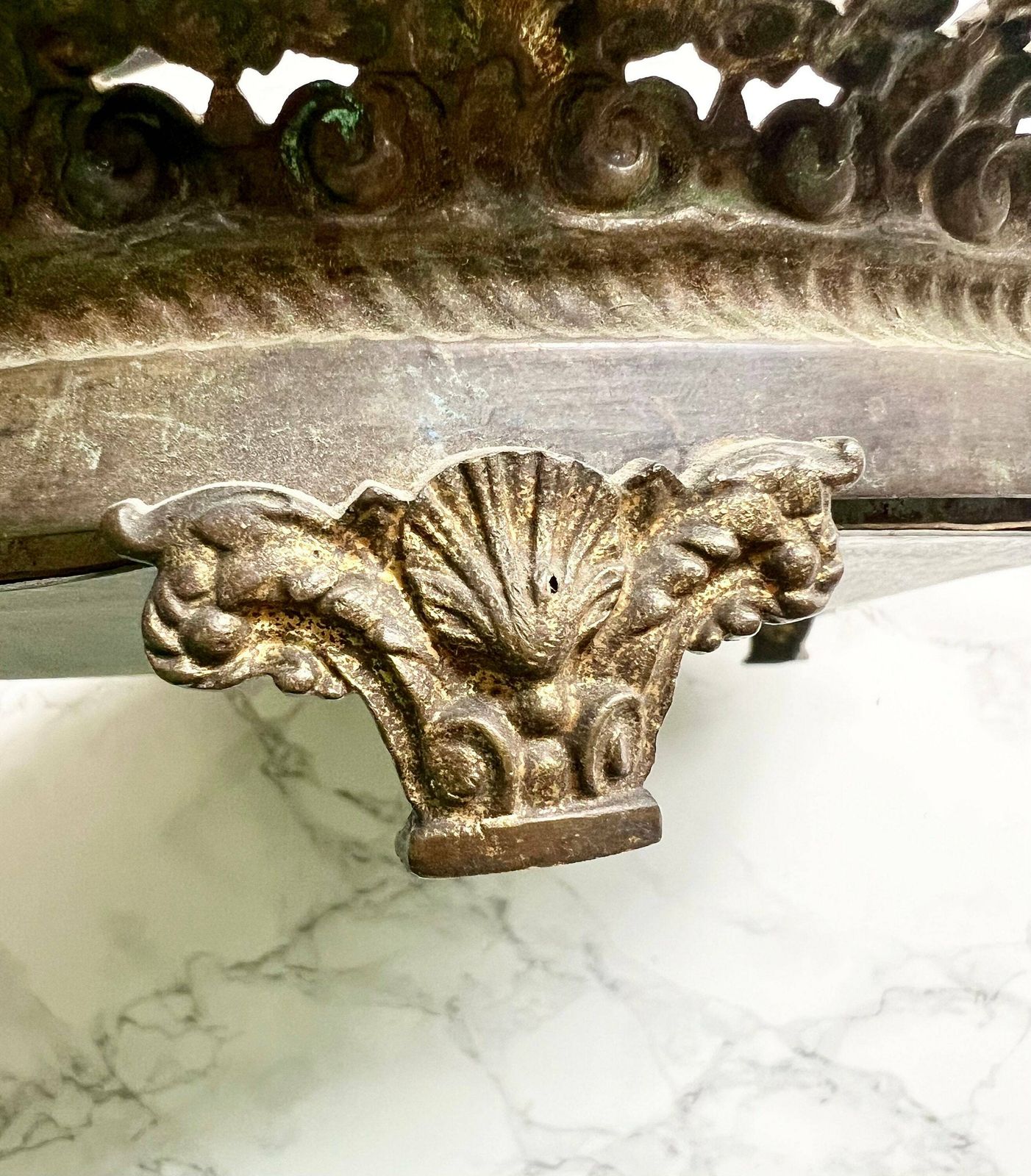 Round Antique Mirror Table Center Piece French Embossed Bronze Lace Tray Circular Footed Mercury Patina Platter Chateau Ormolu photo Home Decor