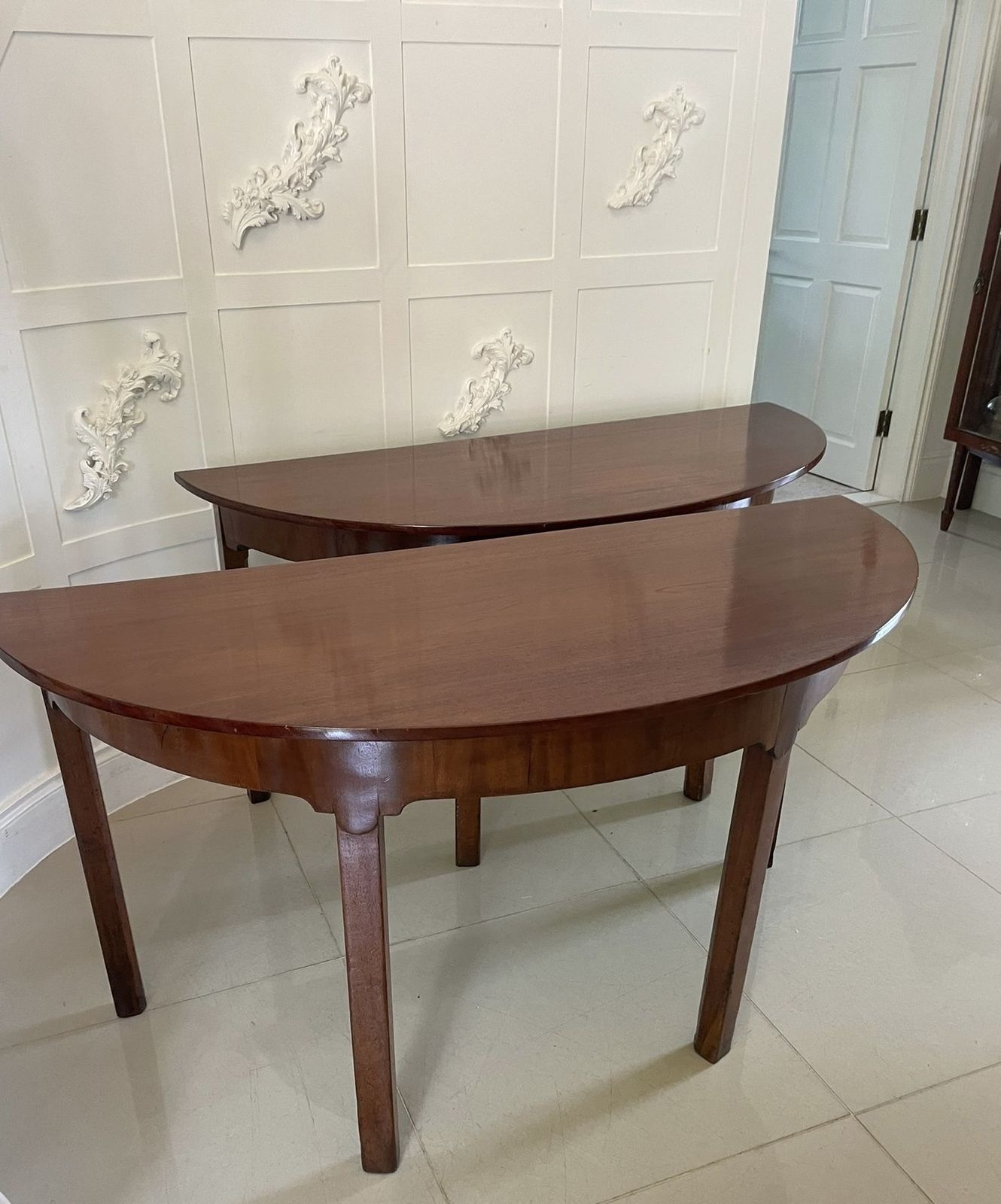 Large Pair Of Antique 19th Century Quality Figured Mahogany Demi Lune Shaped Tables photo for sale