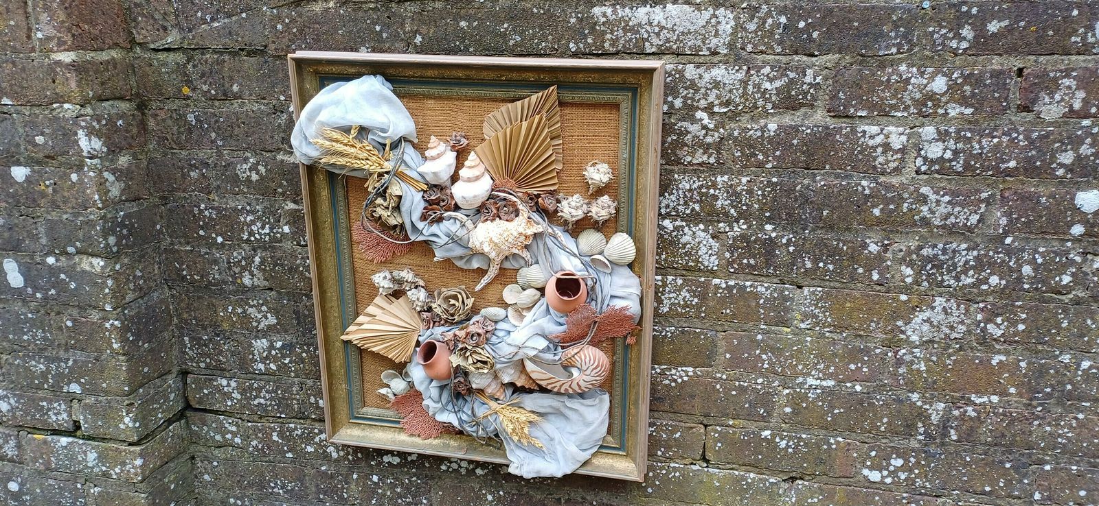 Stunning Piece Of 3d Craft/ Collage   Real Shells, Coral, Material, Plants All Displayed On A Hessian Backing In A Upcycled Vintage Frame photo buy