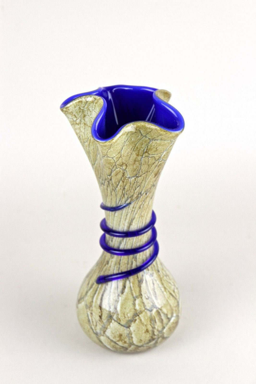 Mid Century Modern Murano Glass Vase With Blue Glass Thread, Italy Ca. 1970s photo Home Decor