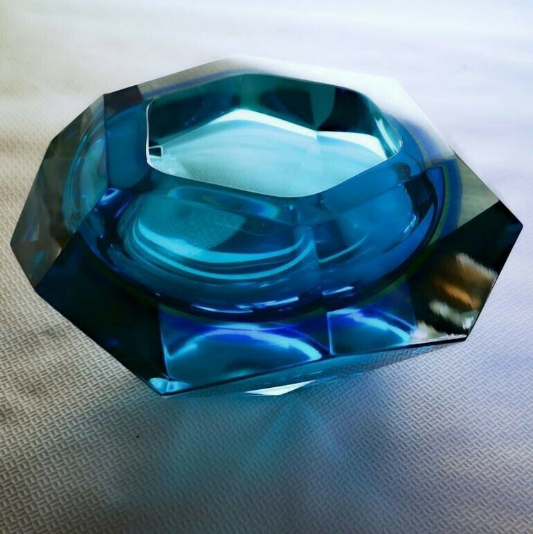 Flavio Poli Seguso Va Sommerso Faceted Bowl Clear Cobalt Uranium Yellow, 1960s photo buy