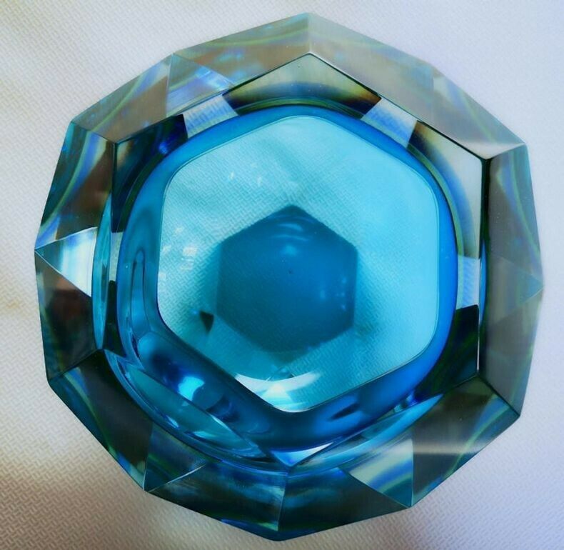 photo for sale Flavio Poli Seguso Va Sommerso Faceted Bowl Clear Cobalt Uranium Yellow, 1960s