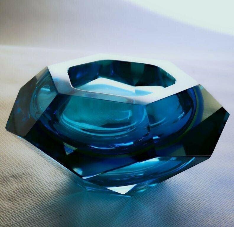 Home Decor Flavio Poli Seguso Va Sommerso Faceted Bowl Clear Cobalt Uranium Yellow, 1960s photo