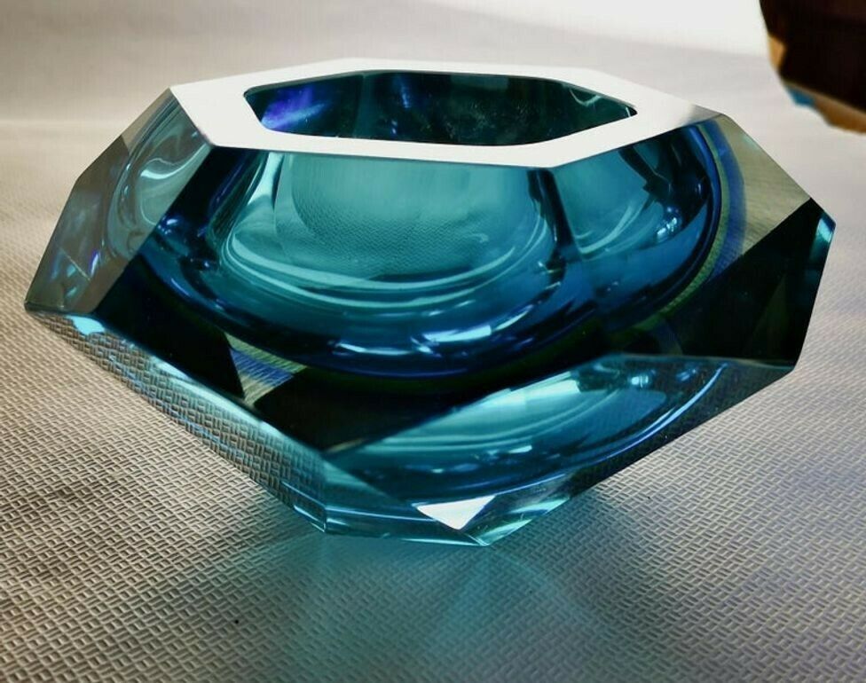 photo buy Flavio Poli Seguso Va Sommerso Faceted Bowl Clear Cobalt Uranium Yellow, 1960s