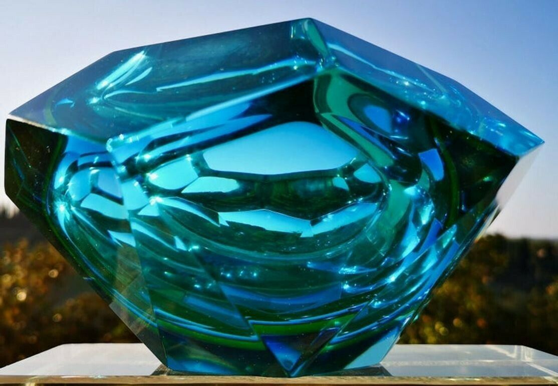 photo vintage Flavio Poli Seguso Va Sommerso Faceted Bowl Clear Cobalt Uranium Yellow, 1960s