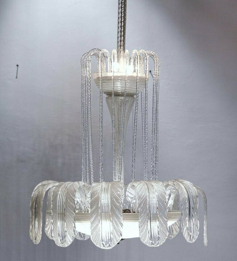 Imposing Rare Barovier Fountain Chandelier, White Puligoso, 1930s, Murano Deco photo vinterior