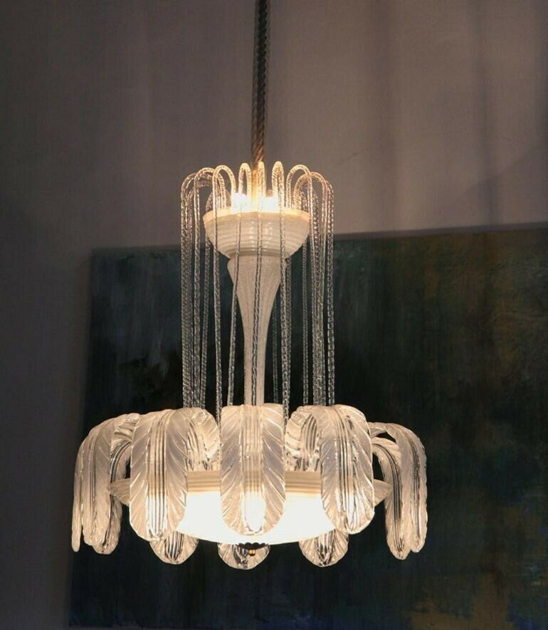 Imposing Rare Barovier Fountain Chandelier, White Puligoso, 1930s, Murano Deco photo buy