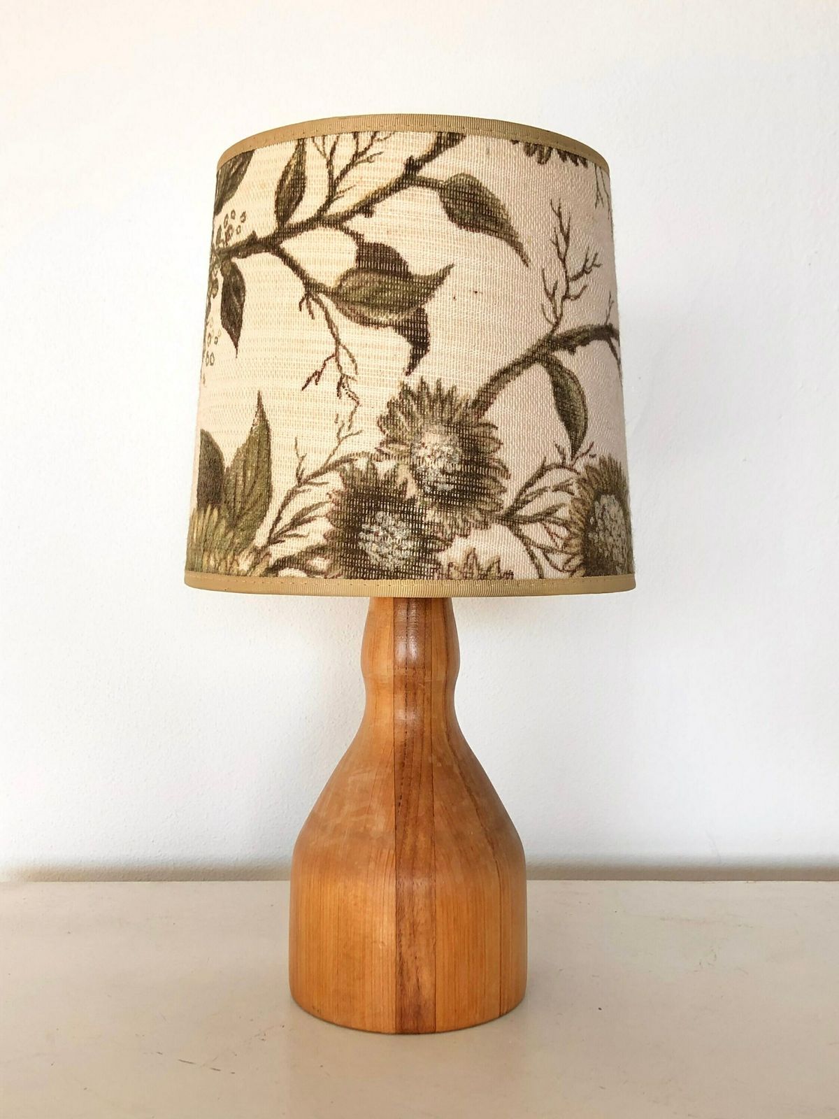 Vintage Danish Mid Century Table Lamp In Solid Wood With Organic Shape And Gorgeous Tubular Fabric Shade photo for sale