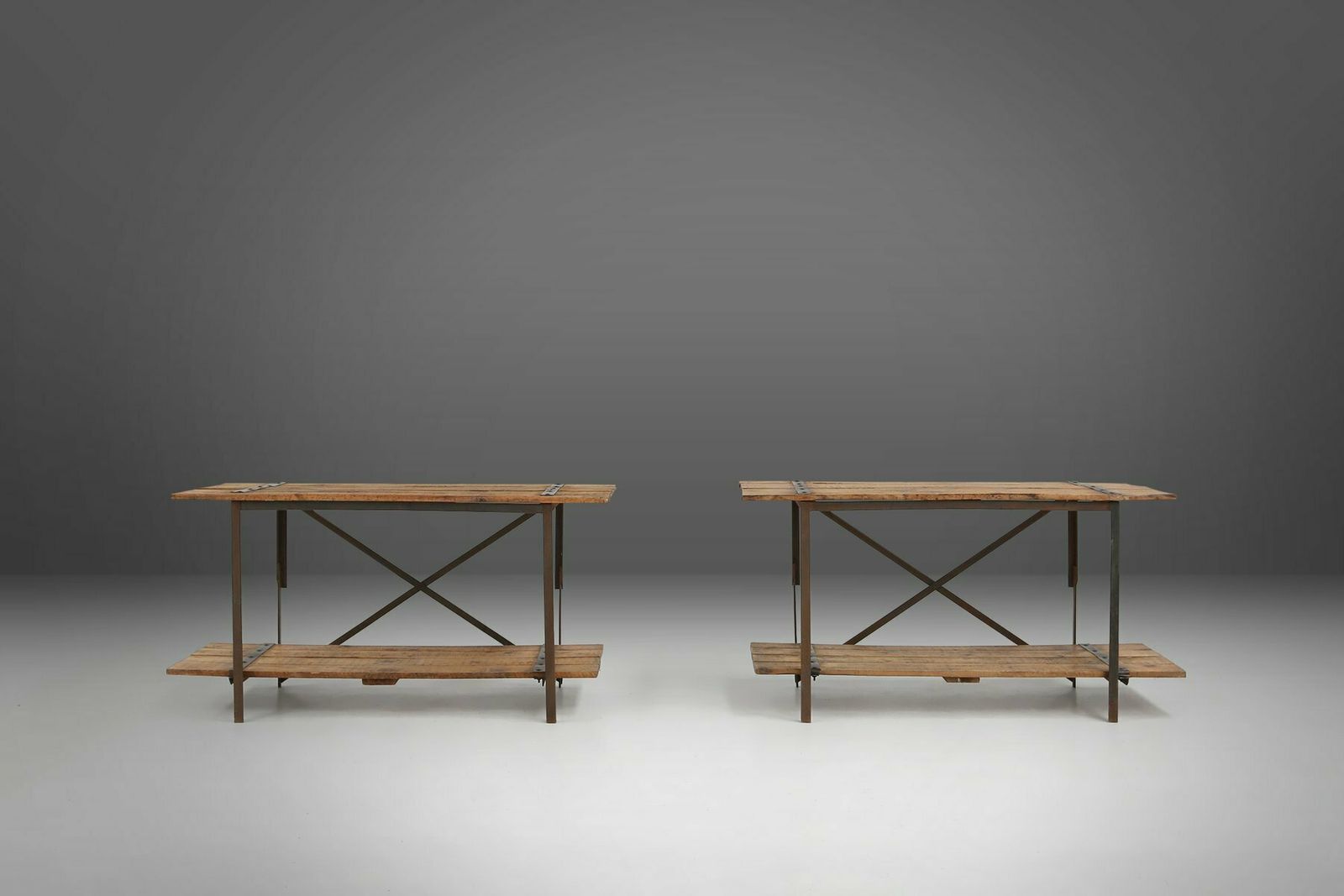 photo vinterior Industrial Side Table With Metal Frame And Wooden Top And Removable Platform, Belgium, 1920s