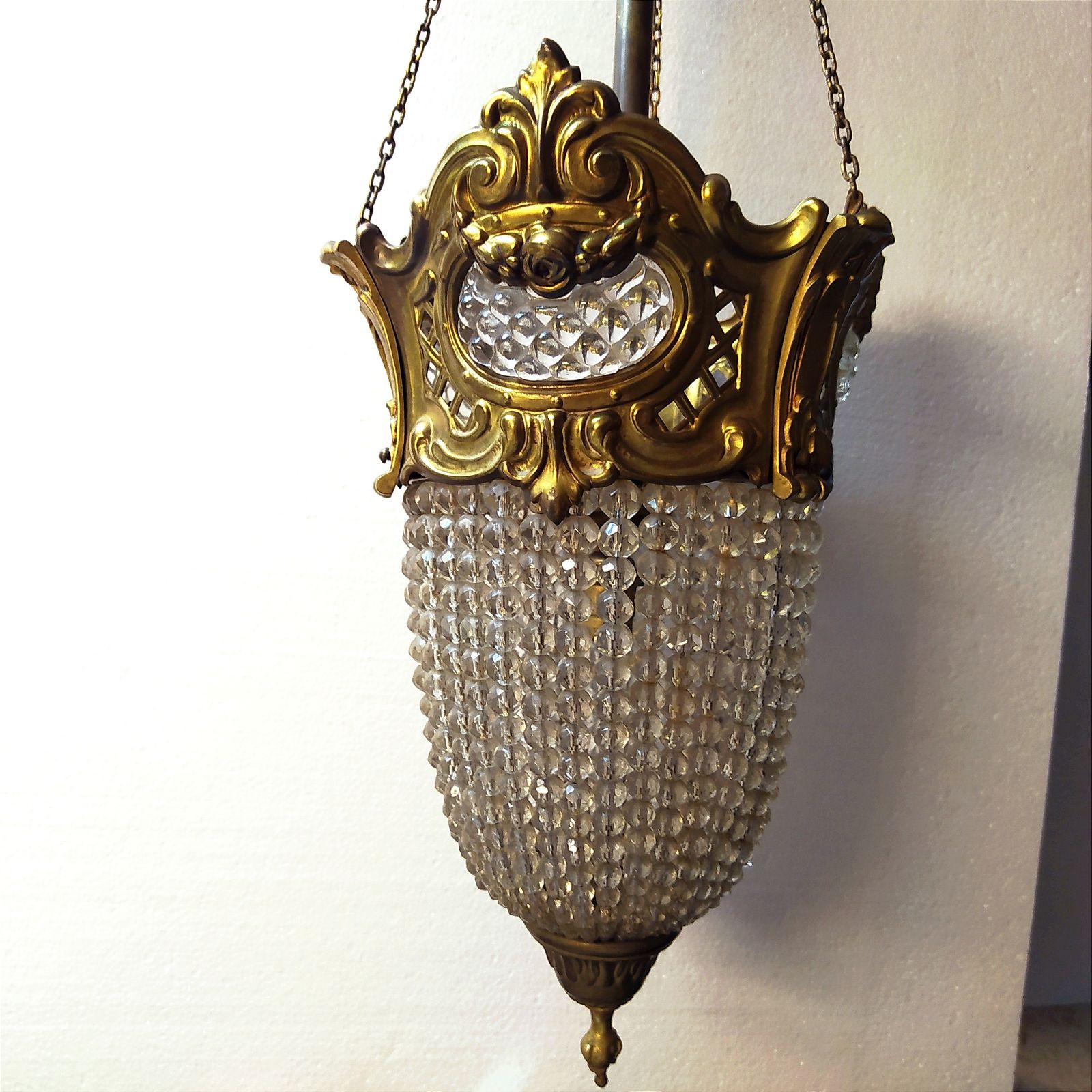 Early 1900's Art Nouveau Brass And Crystal Bead Pendant Light. photo vinterior