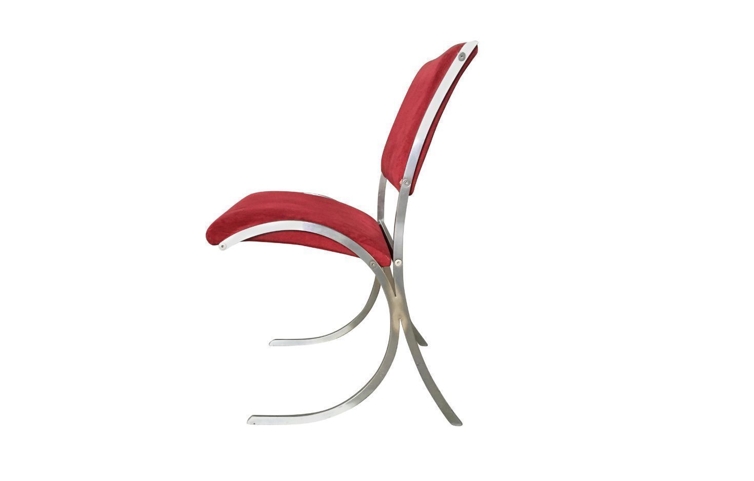 Set Of 4 Vintage Red Velour & Chrome Dining Chairs From Maison Jansen