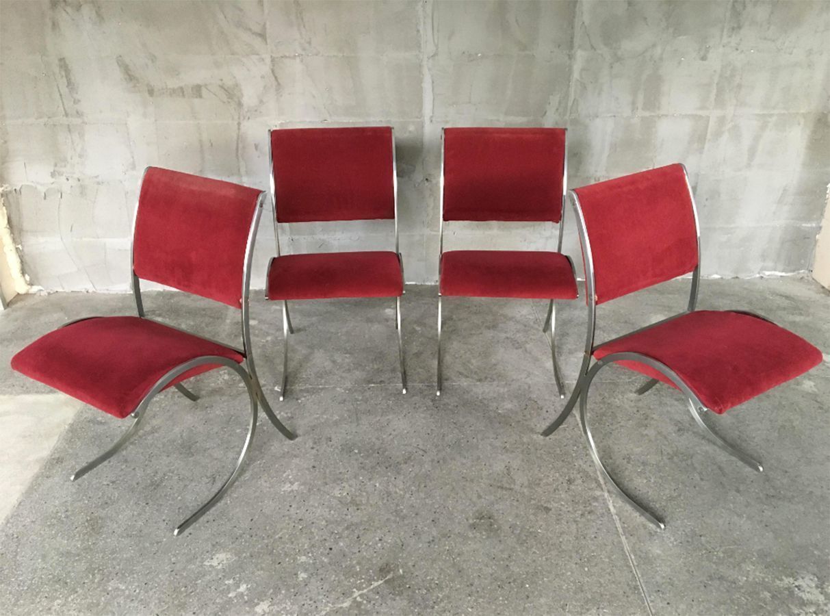 Set Of 4 Vintage Red Velour & Chrome Dining Chairs From Maison Jansen photo Furniture