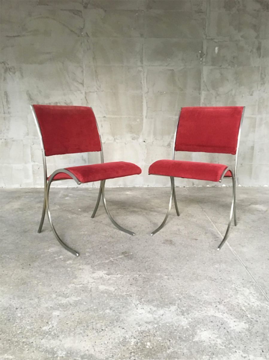 photo buy Set Of 4 Vintage Red Velour & Chrome Dining Chairs From Maison Jansen