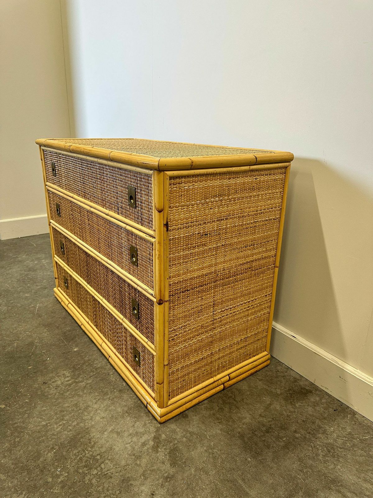 Midcentury Bamboo, Rattan And Brass Chest Of Drawers By Dal Vera, Italy, 1970s photo vinterior