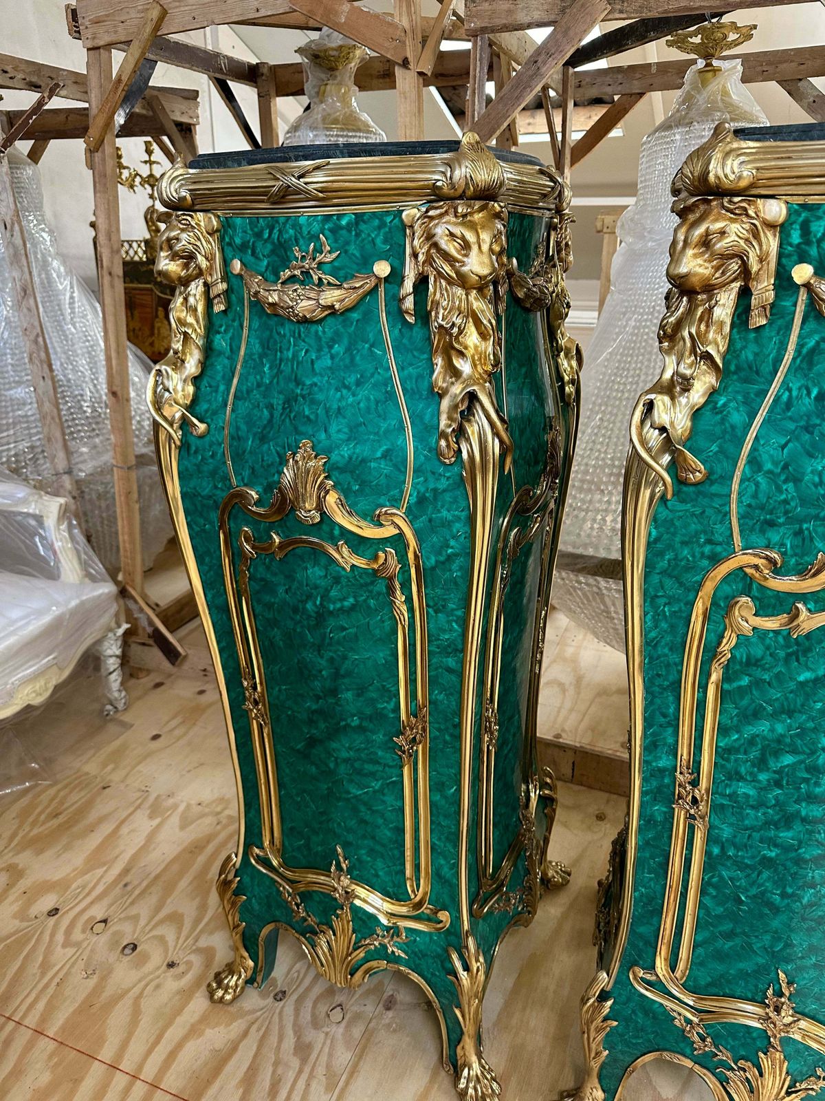 Beautiful Pair Of Louis XV Green Malachite, Bronze Mounted Lion Head Stands photo Furniture