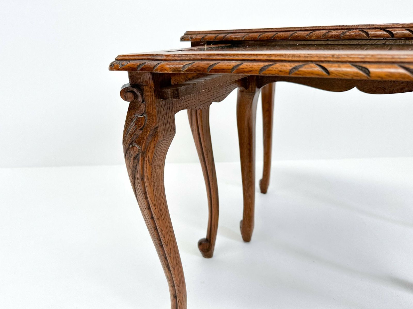 Vintage Set Of 2 Nesting Tables With Cane And Glass Top | Queen Anne Revival Style photo Furniture