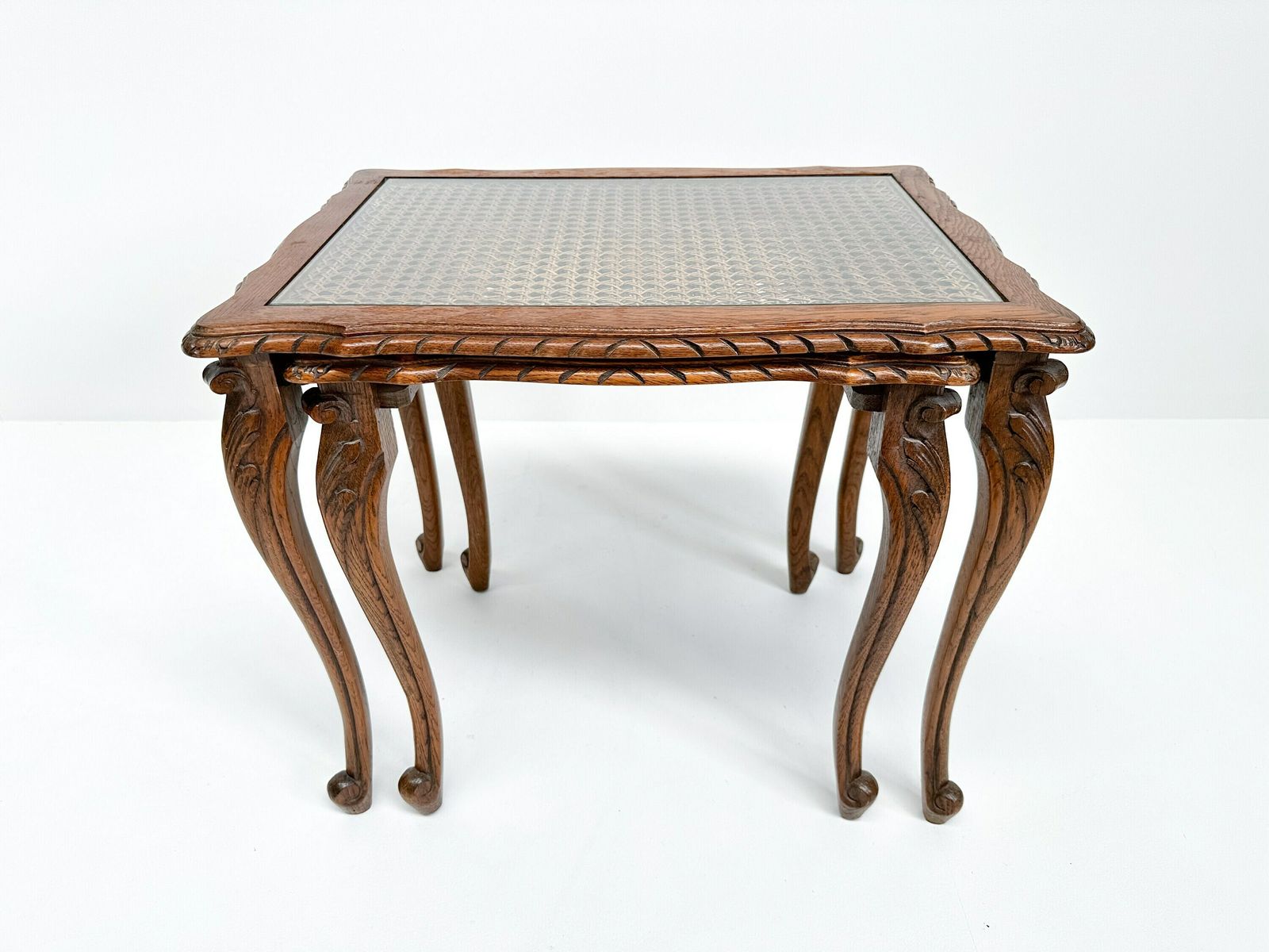 Vintage Set Of 2 Nesting Tables With Cane And Glass Top | Queen Anne Revival Style photo 283.0
