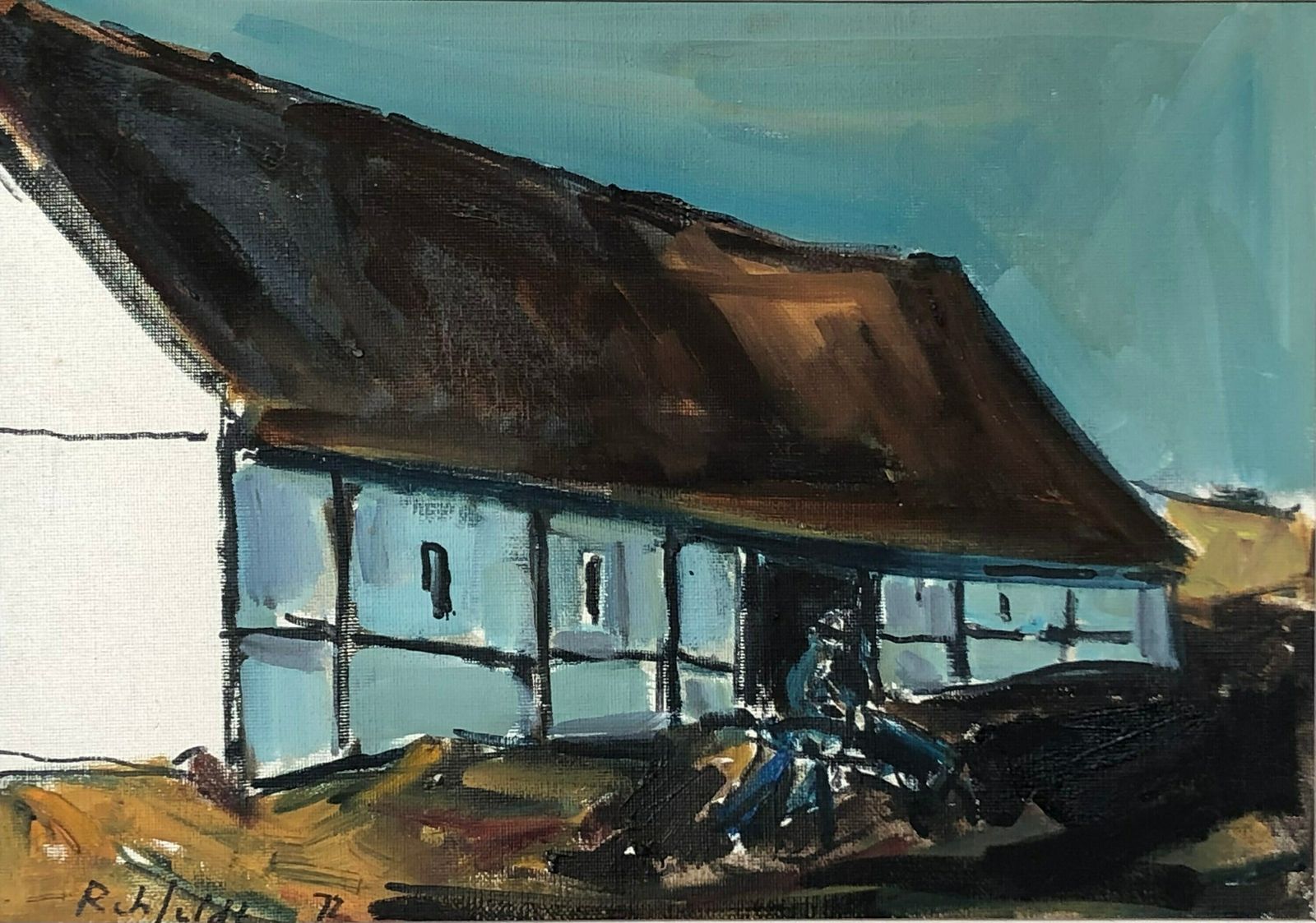 Vintage Oil Painting From Bornholm, Denmark By Rehfeldt Pedersen (1918 1987) With Motive A Farm In Blue Tones photo furniture
