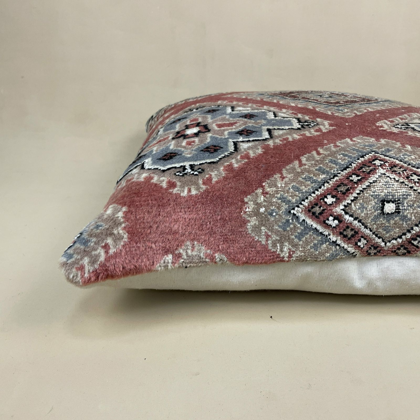 Antique Kilim Cushion Moroccan Rug Carpet Pillow Feather Filled Handwoven Patterned Red Blue 46x46cm Traditional Scatter Square Vintage photo furniture