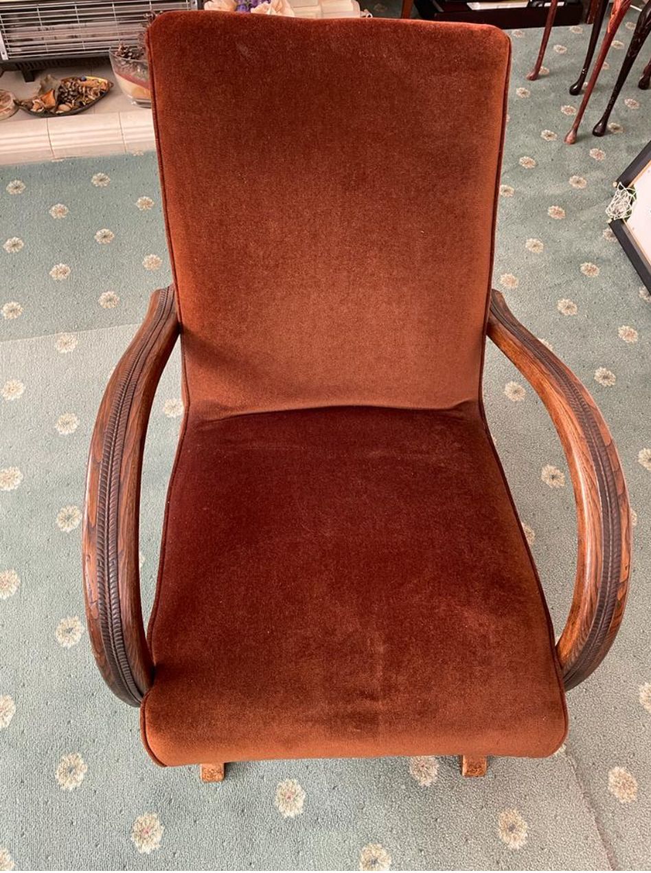 A Beautiful Early 20th Century Rocking Chair. The Material Is A Cross Between Velour And Velvet.